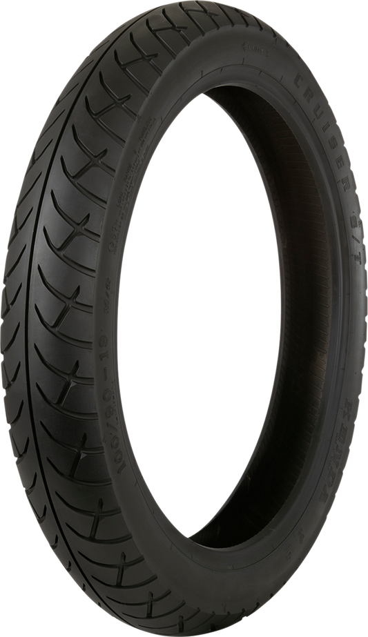Kenda K671 Cruiser front motorcycle tire 110/80-17 with tread pattern for enhanced wet and dry traction.