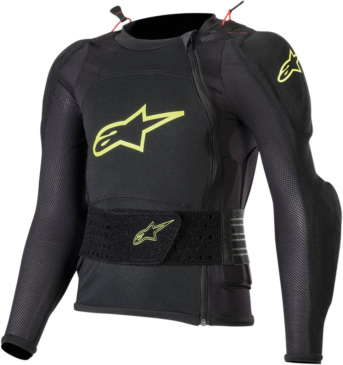 Alpinestars Youth Bionic Plus protection jacket in black and fluo yellow, large/XL size, designed for motorcycle safety.