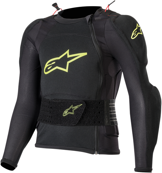 Alpinestars Youth Bionic Plus protection jacket in black and fluo yellow, large/XL size, designed for motorcycle safety.