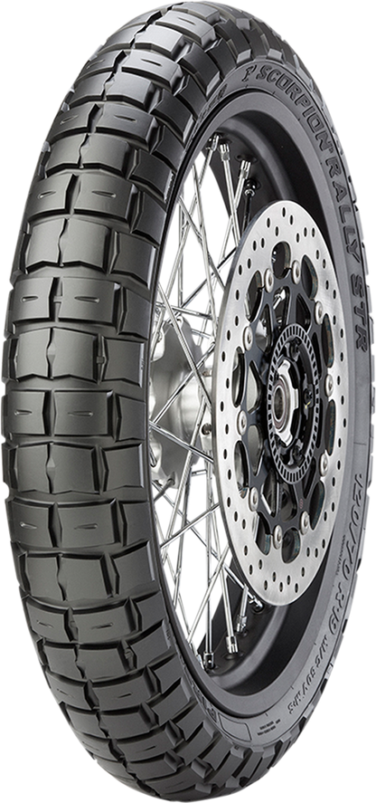 PIRELLI Scorpion™ Rally STR front tire with 120/70R18 size, designed for exceptional off-road and on-road motorcycle performance.