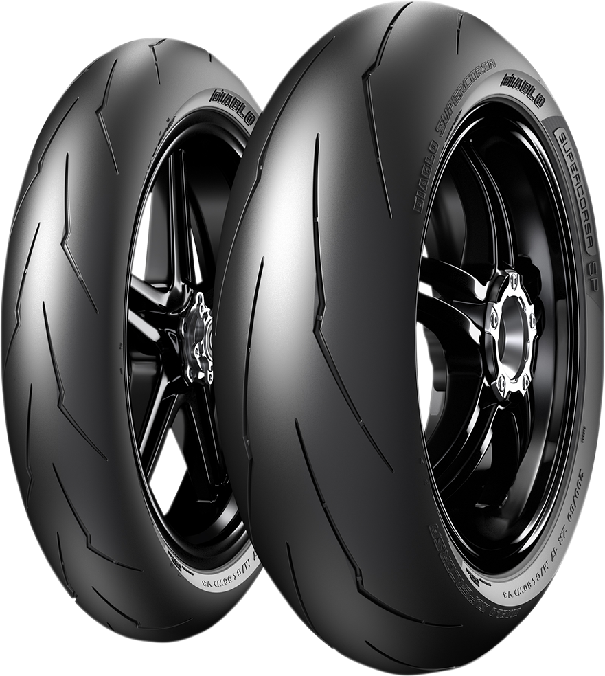 Pirelli Diablo Supercorsa SP V3 front tire 120/70ZR17 for Ducati Panigale V4, showing tread pattern and sidewall details.