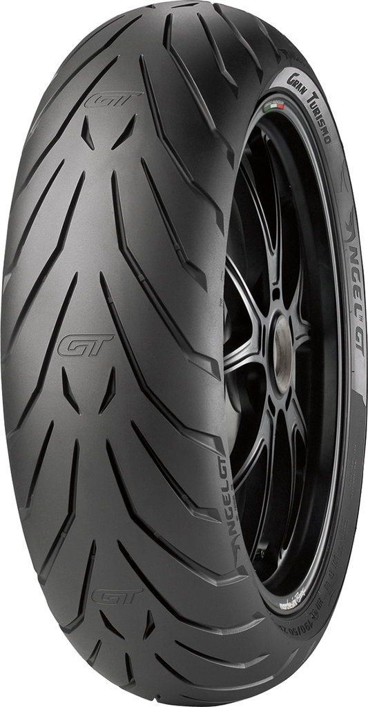 PIRELLI Angel™ GT rear motorcycle tire 190/55R17 with enhanced grip and mileage for sport bikes, shown mounted on a bike wheel.