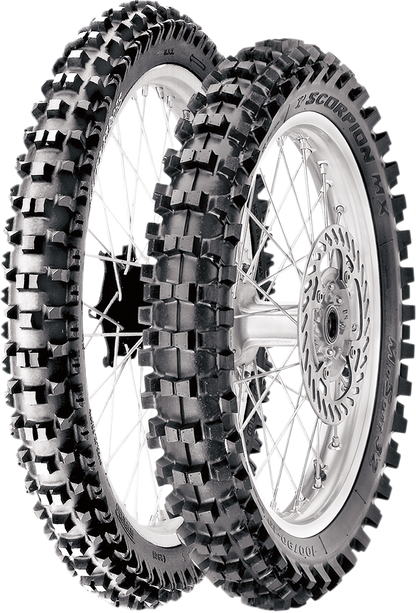 PIRELLI Scorpion XC Mid Soft rear tire for off-road vehicles, size 110/100-18, with rugged tread pattern for off-road traction.