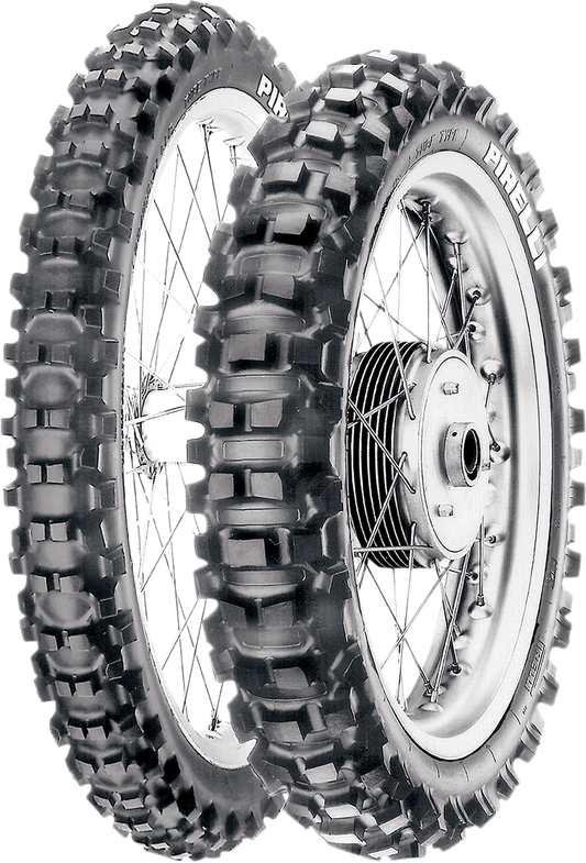 PIRELLI Scorpion XC Mid Hard rear motorcycle tire, size 110/100-18, featuring rugged tread for off-road riding.