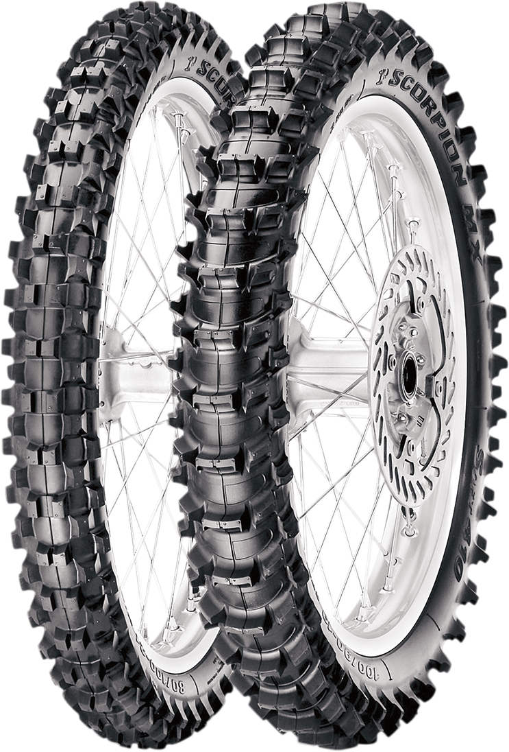 PIRELLI Scorpion MX Soft Rear Tire 90/100-16 with tread pattern and sidewall details for motocross riding.