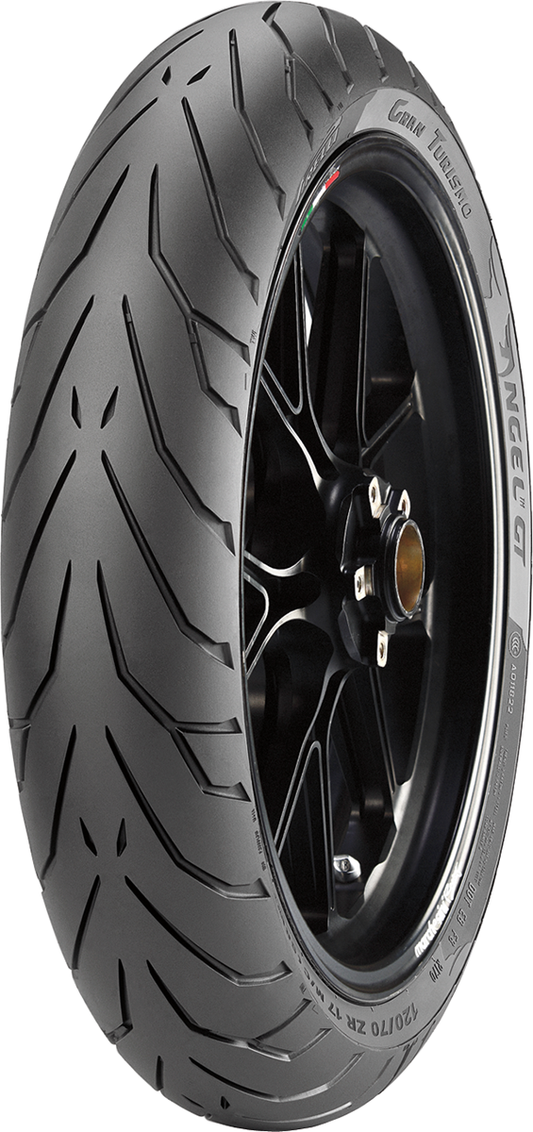 Pirelli Angel™ GT front motorcycle tire 110/80R19 showing tread pattern and sidewall branding for enhanced wet grip and mileage.