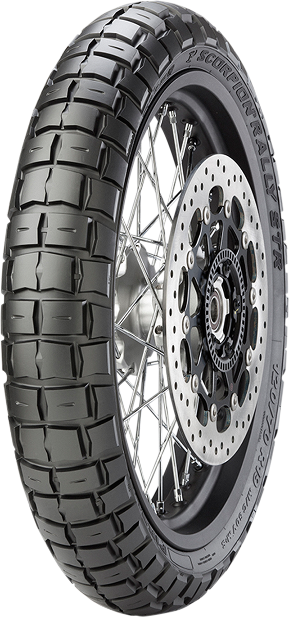 PIRELLI Scorpion™ Rally STR front tire 120/70-19 with rugged tread for off-road and on-road motorcycle performance.