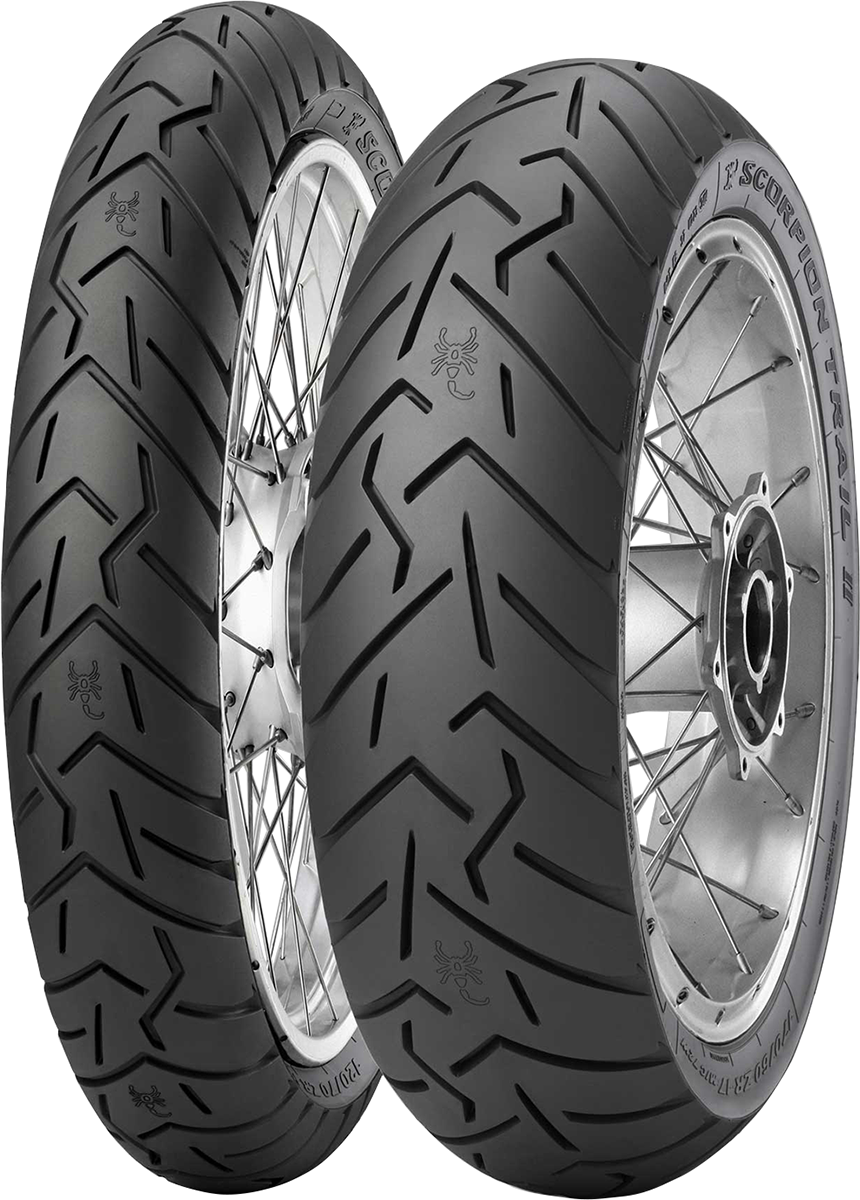 Pirelli Scorpion Trail II rear off-road and sport touring motorcycle tire 180/55ZR17 with tread pattern visible.