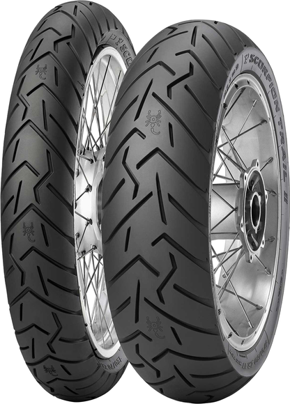Pirelli Scorpion Trail II rear off-road and sport touring motorcycle tire 180/55ZR17 with tread pattern visible.