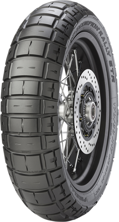 PIRELLI Scorpion™ Rally STR rear tire 170/60R17 with off-road and on-road tread pattern, designed for motorcycle performance.