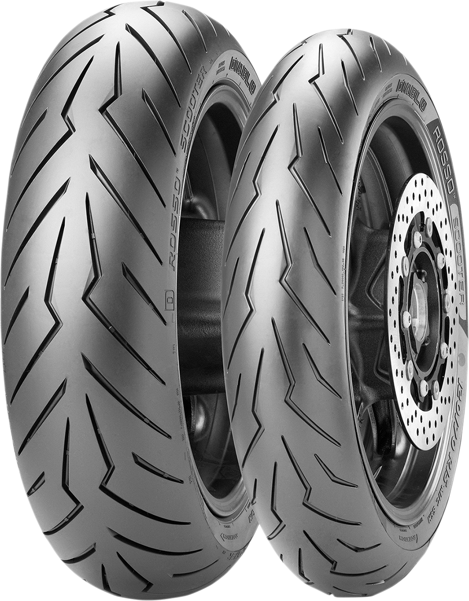 Pirelli Diablo Rosso™ scooter rear tire 150/70-13 64S with high-performance handling and grip, shown on a scooter wheel.