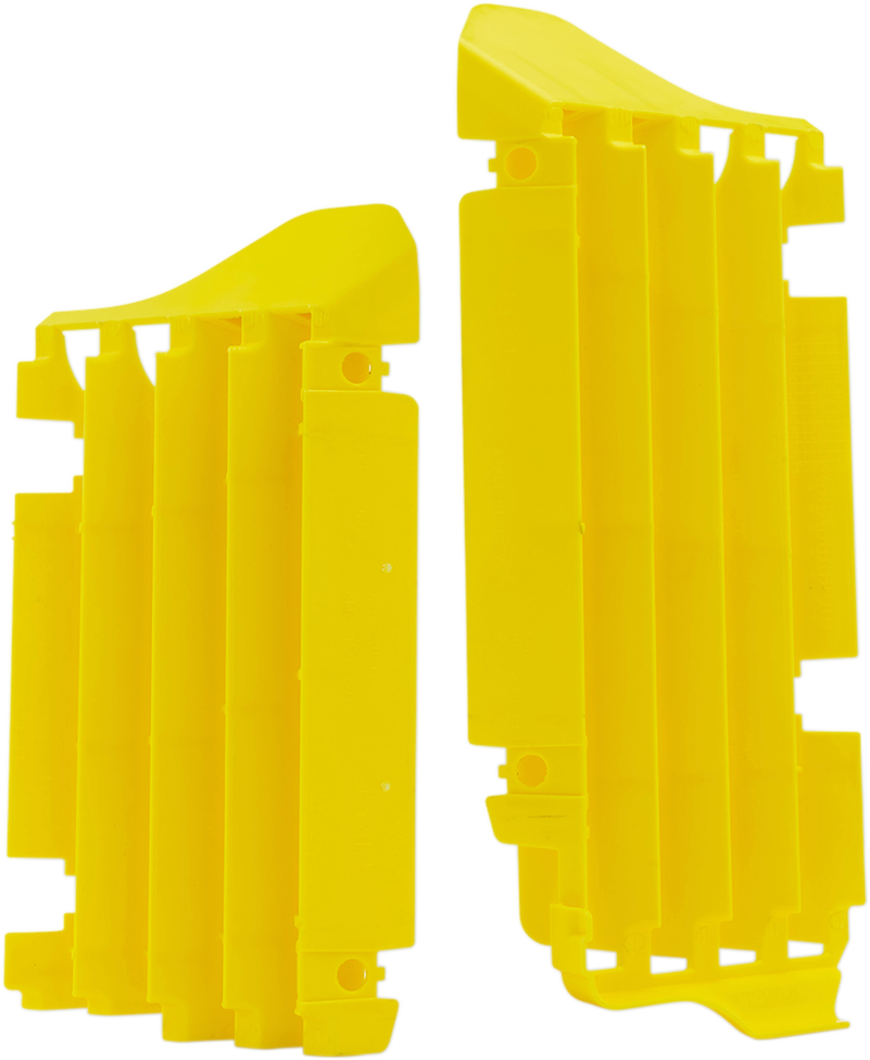 Yellow Acerbis radiator louvers for Suzuki motorcycles, body parts designed to protect and enhance cooling system appearance.