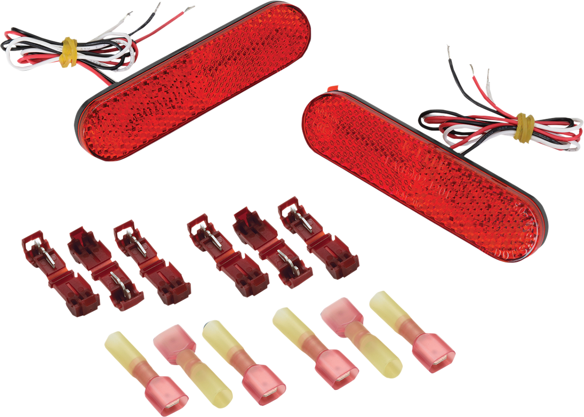 Red LED engine marker lights from Bill's Exhausts, showing close-up of chrome housing and illuminated red light.