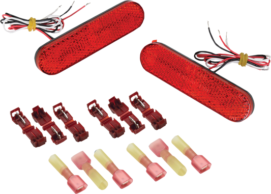 Red LED engine marker lights from Bill's Exhausts, showing close-up of chrome housing and illuminated red light.