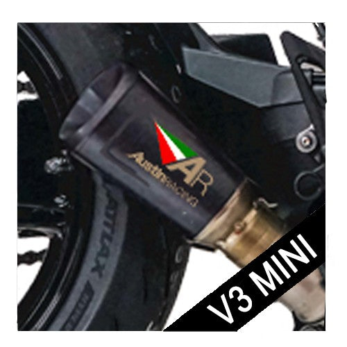 Austin Racing V3 black and orange slip-on exhaust for KTM Superduke 1290 R and GT models, featuring a sleek design and branding.