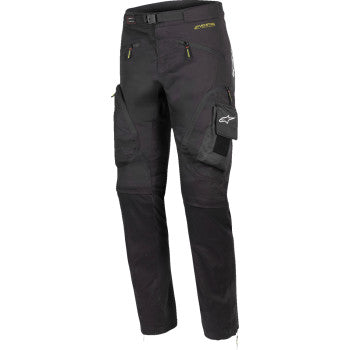 Black Alpinestars Acteon pants in size US 34, featuring durable fabric and detailed stitching, designed for motorcycle riding.