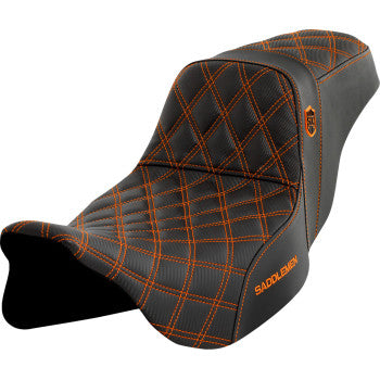 SADDLEMEN Pro Series SDC performance motorcycle seat with orange stitching, designed for FLH/FLT models from 2008 to 2023.