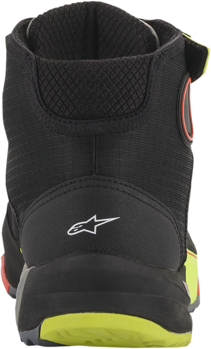 Alpinestars CR-X Drystar® motorcycle shoes in black, red, and yellow fluorescent with US 12 size, side view.