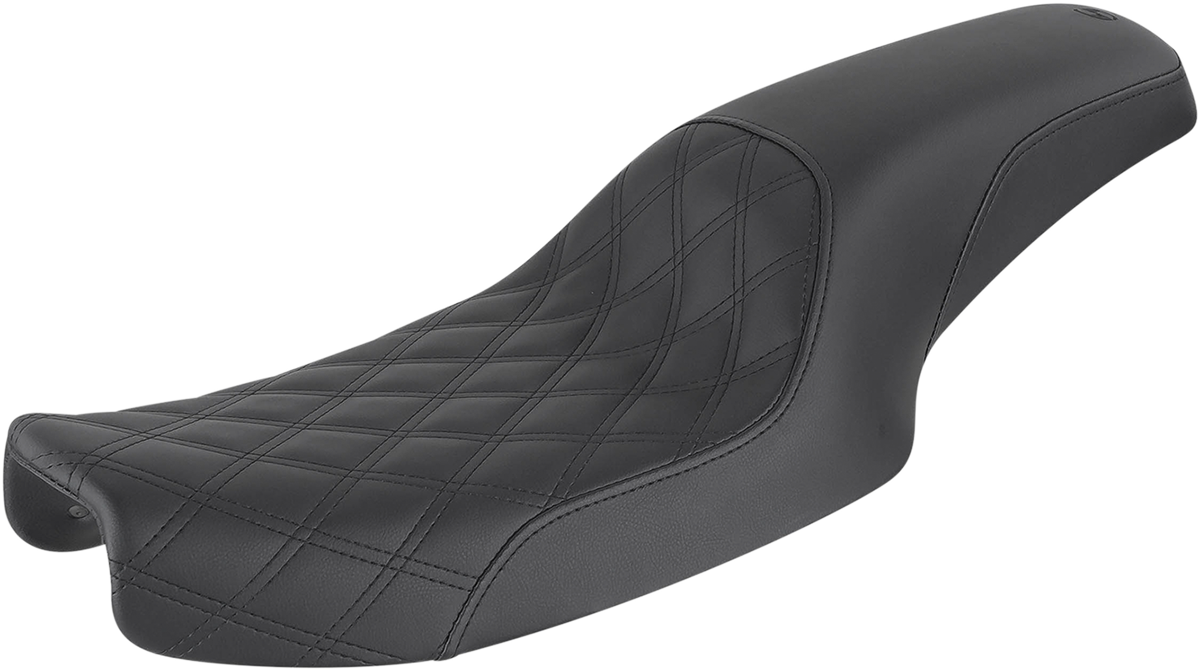 Black Saddlemens Profiler Seat for Dyna motorcycle, front lattice and rear smooth seat design, with sleek black finish.