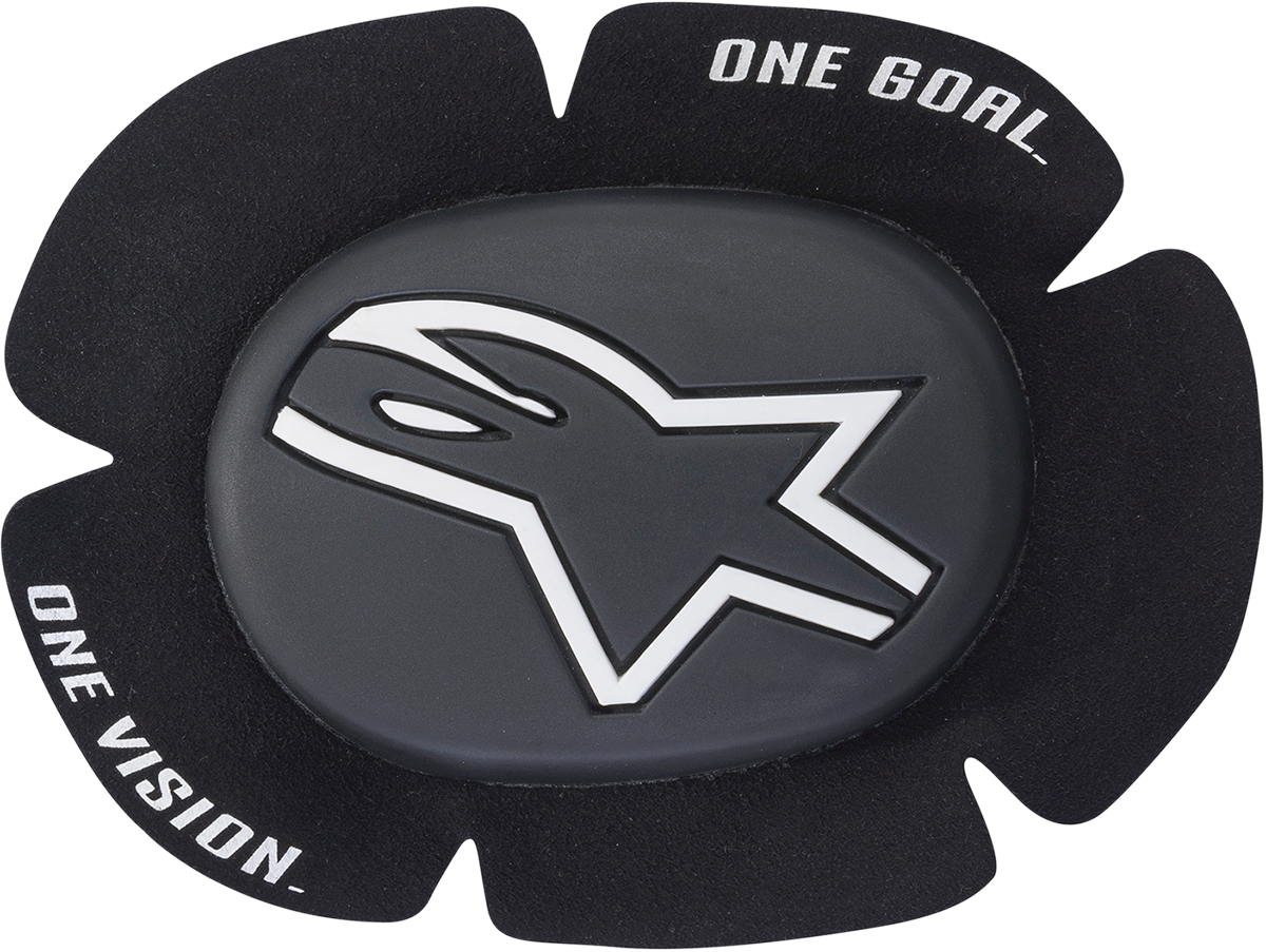 Black and white Alpinstars GP Sport Evo knee sliders for motorcycle riding, designed for durability and performance.