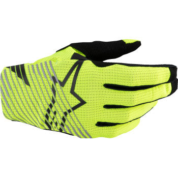 Alpinestars Radar Pro MX gloves in fluo yellow, medium size, showing reinforced knuckles and breathable fabric for motocross riding.