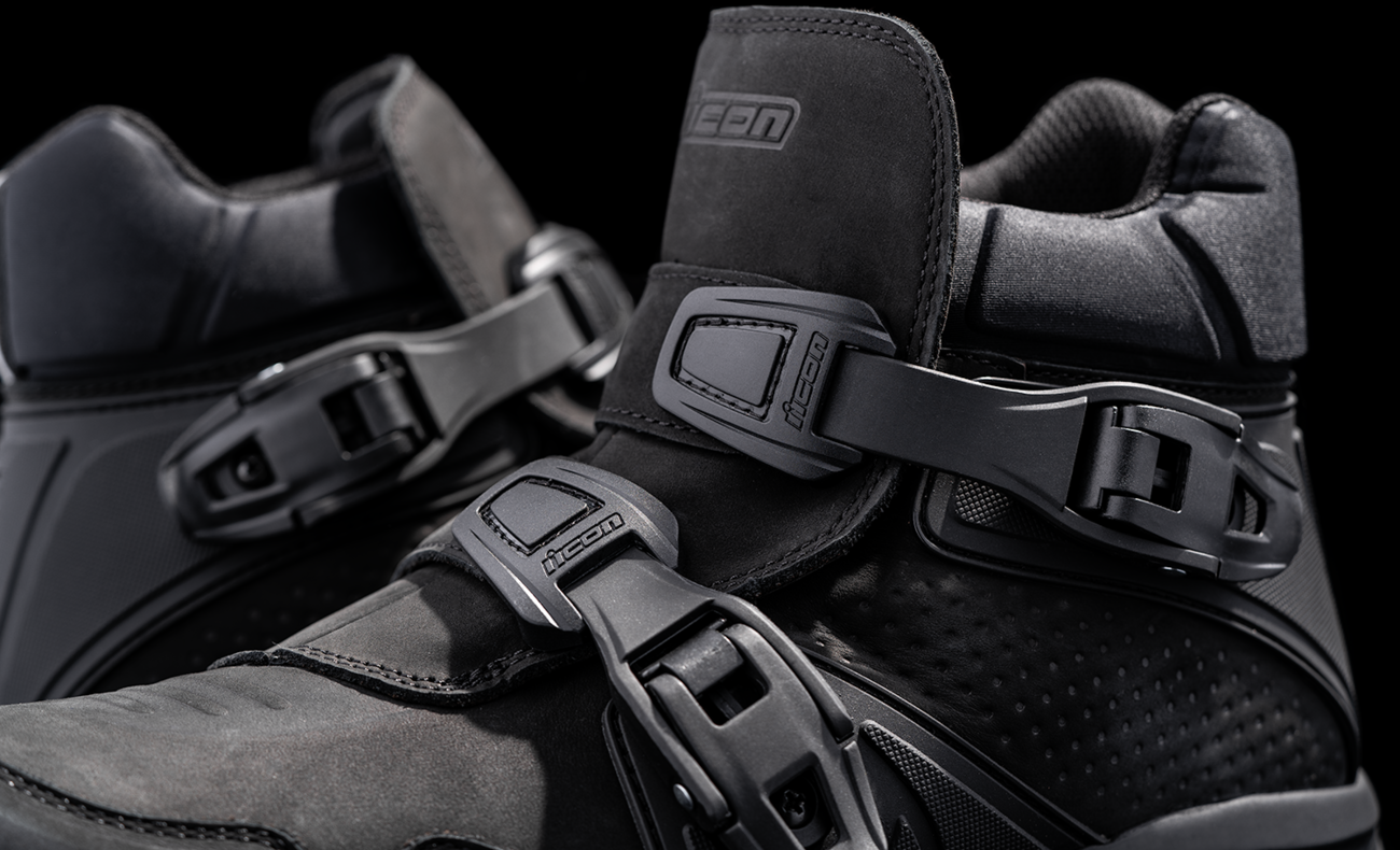 Black ICON Slabtown waterproof boots by Bill's Exhausts, size 7, showing sturdy design and waterproof material.