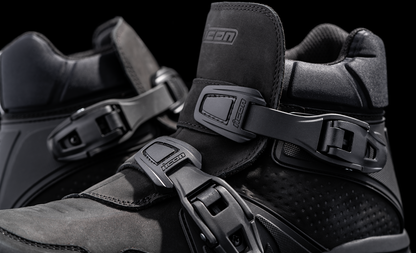 Black ICON Slabtown waterproof boots by Bill's Exhausts, size 7, showing sturdy design and waterproof material.