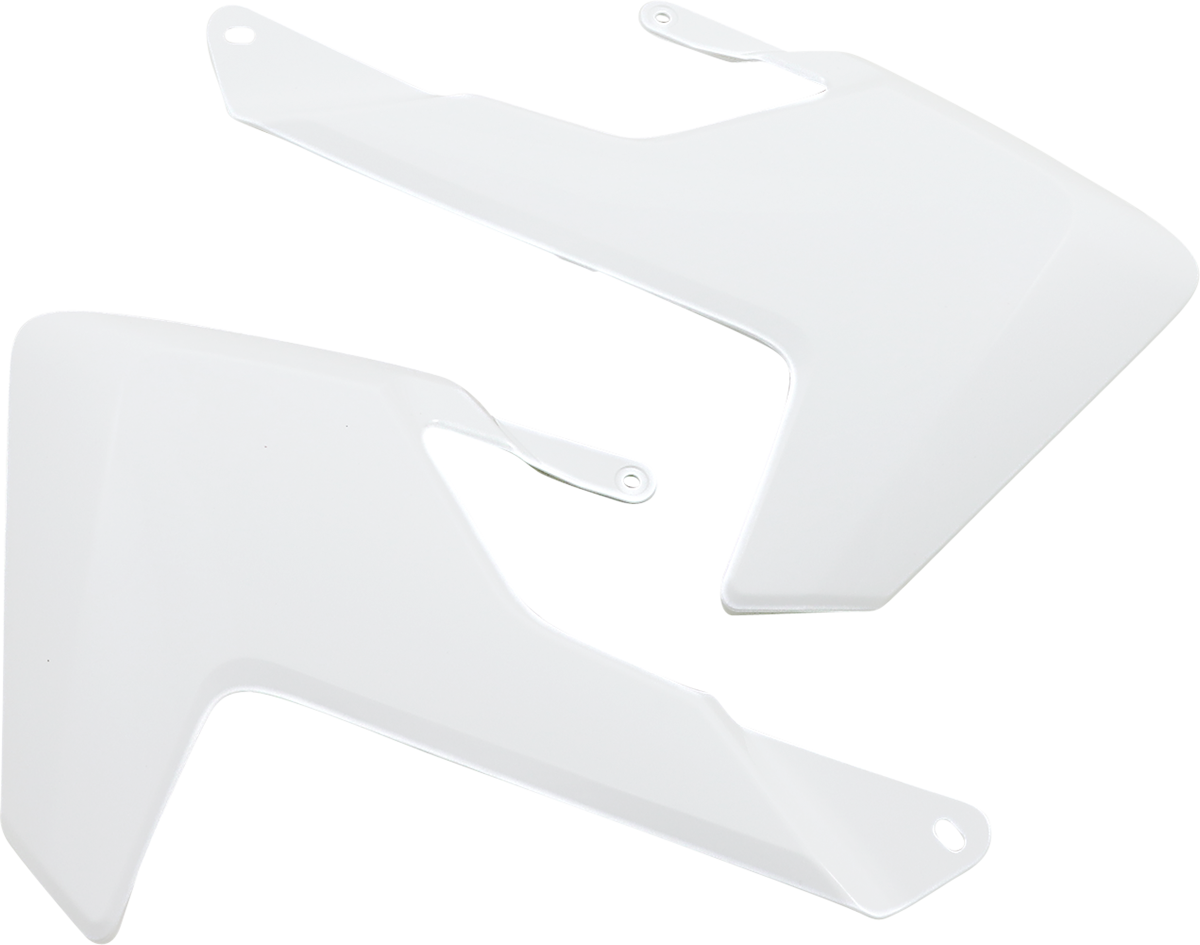 White Acerbis radiator shrouds for motorcycle body, designed for compatibility with Bill's Exhausts models.