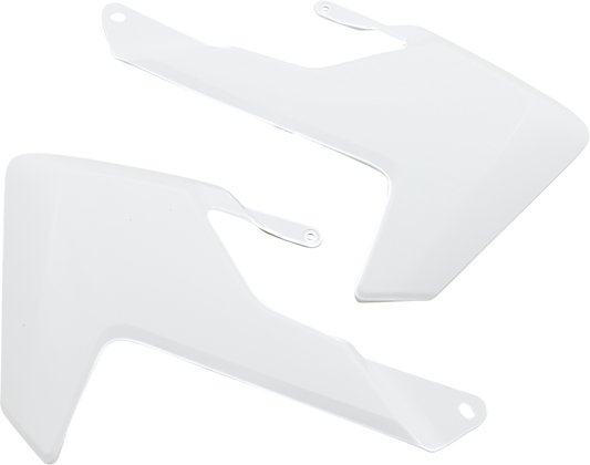 White Acerbis radiator shrouds for motorcycle body, designed for compatibility with Bill's Exhausts models.