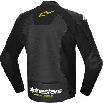 Alpinestars Faster v3 Airflow leather motorcycle jacket in black, white, and yellow fluo, size US 42 / EU 52, showing front view.