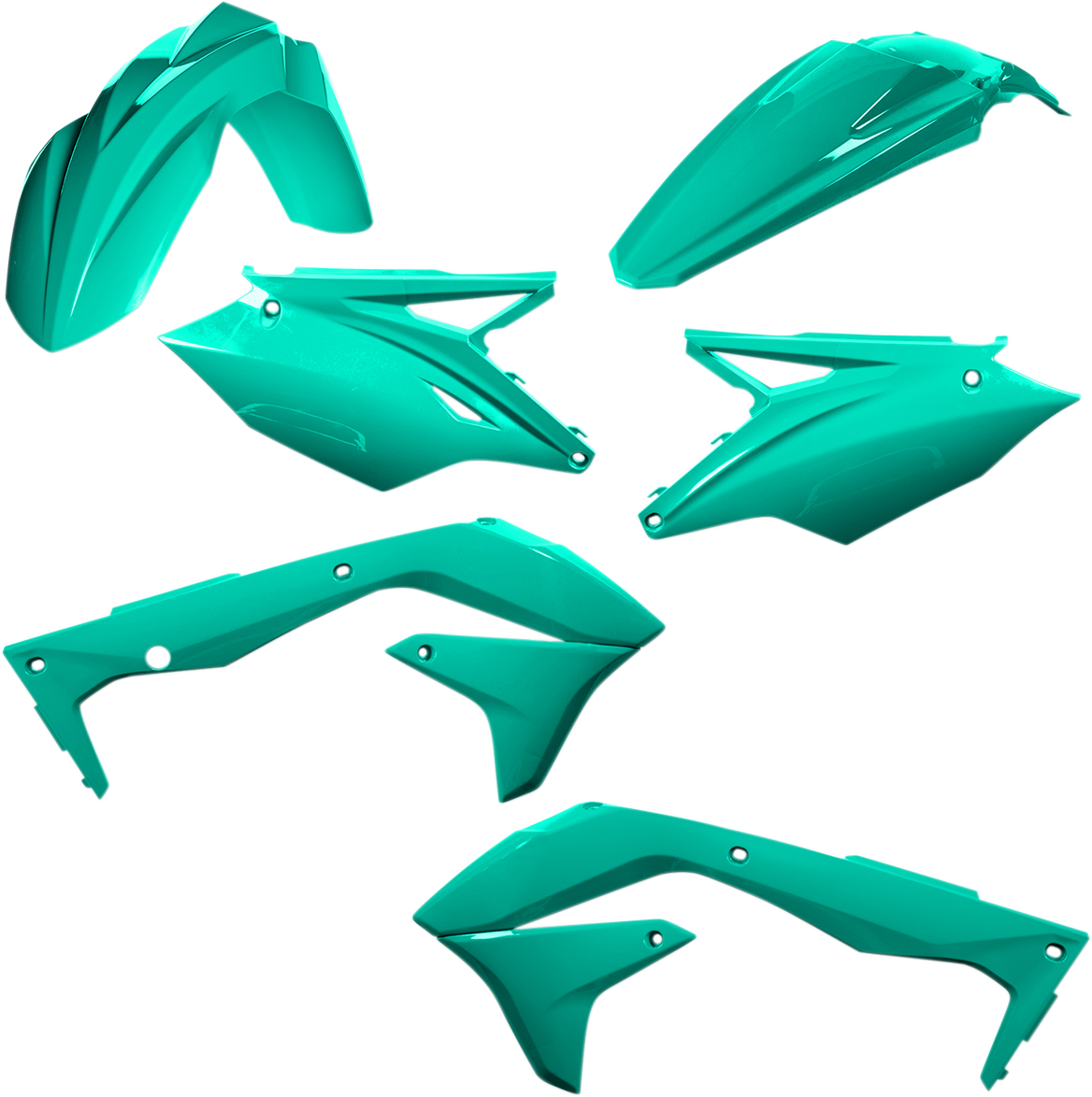 A teal Acerbis standard replacement body kit for Kawasaki KX450F 2018 motorcycle, shown on a white background.