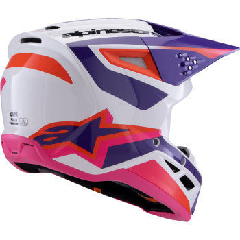 Alpinestars SM3 motorcycle helmet in gloss white, purple, and pink with heat design, medium size, front view.