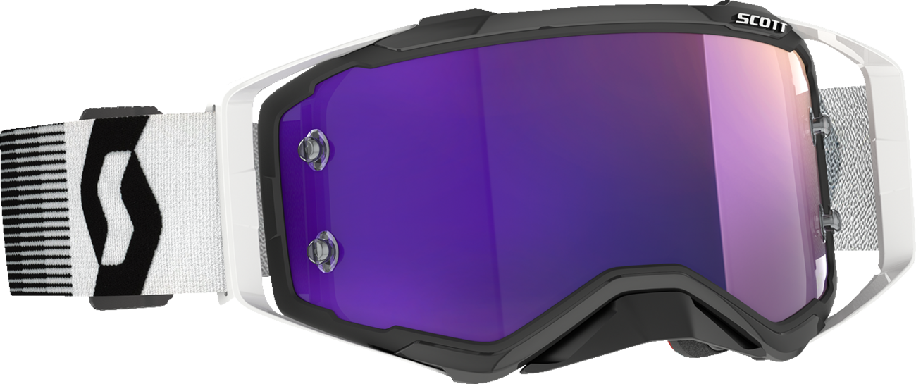 Scott Prospect Goggle in black and white with purple chrome lens, featuring adjustable strap and dual-layer foam for comfort.
