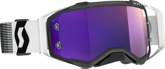Scott Prospect Goggle in black and white with purple chrome lens, featuring adjustable strap and dual-layer foam for comfort.