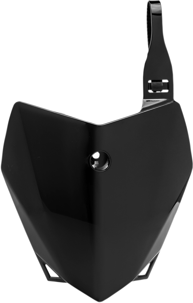 Black Acerbis front number plate mounted on a motorcycle body, designed for durability and a sleek appearance.