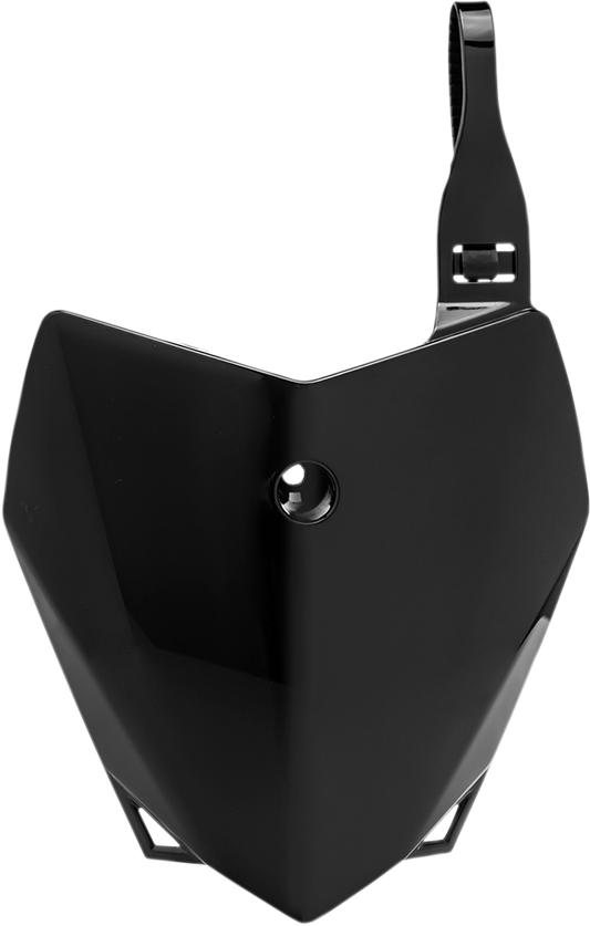 Black Acerbis front number plate mounted on a motorcycle body, designed for durability and a sleek appearance.