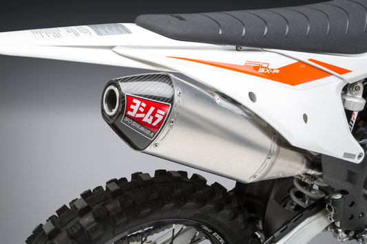 YOSHIMURA RS-4 slip-on exhaust for KTM and Husqvarna 250/350 motorcycles, showcasing the stainless steel muffler with branding.