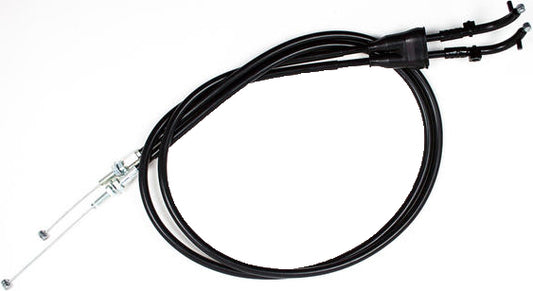 Motion Pro black vinyl throttle cable set for motorcycles, showing the cables with protective black coverings and metal fittings.