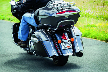 Kuryakyn LED curved license plate frame with chrome finish for Indian motorcycles, featuring integrated LED lighting.