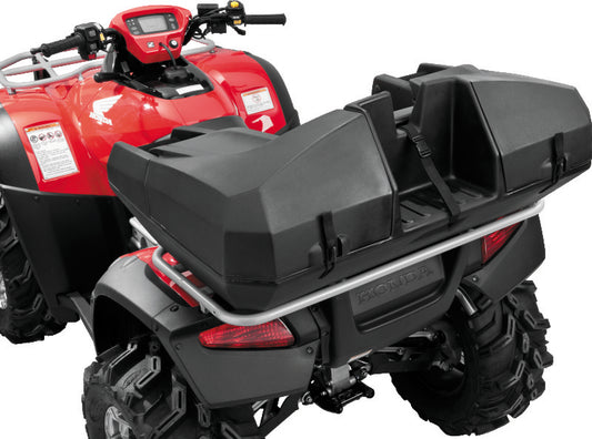 QuadBoss Weekender Trunk with large storage compartments for powersports vehicles, shown in a rugged outdoor setting.