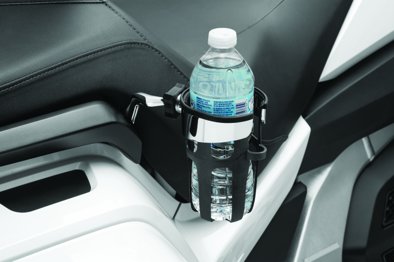Kuryakyn Reflex drink holder for Honda Goldwing GL1800 passenger mount in chrome, showing the sleek, shiny design.