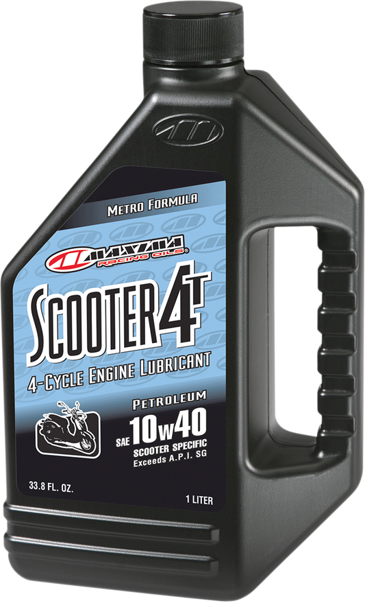 MAXIMA Racing Oil Scooter 4T Oil 10W40 bottle, 1 liter container with product label and cap, suitable for motorcycle engines