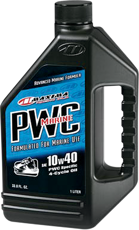 Maxima Racing Oil 4T Marine Oil 10W-40 bottle, 1-liter container with label and cap, suitable for motorcycle engines.