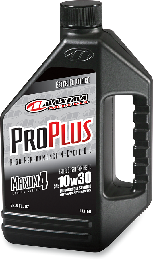 MAXIMA Racing Oil Pro Plus+ 4T 10W-30 motorcycle engine oil in 1-liter container, suitable for high-performance 4-stroke engines.