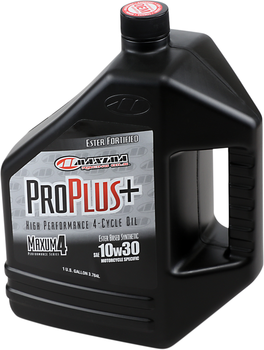 MAXIMA RACING OIL Pro Plus+ 4T 10W-30 engine oil gallon container for motorcycle engines.