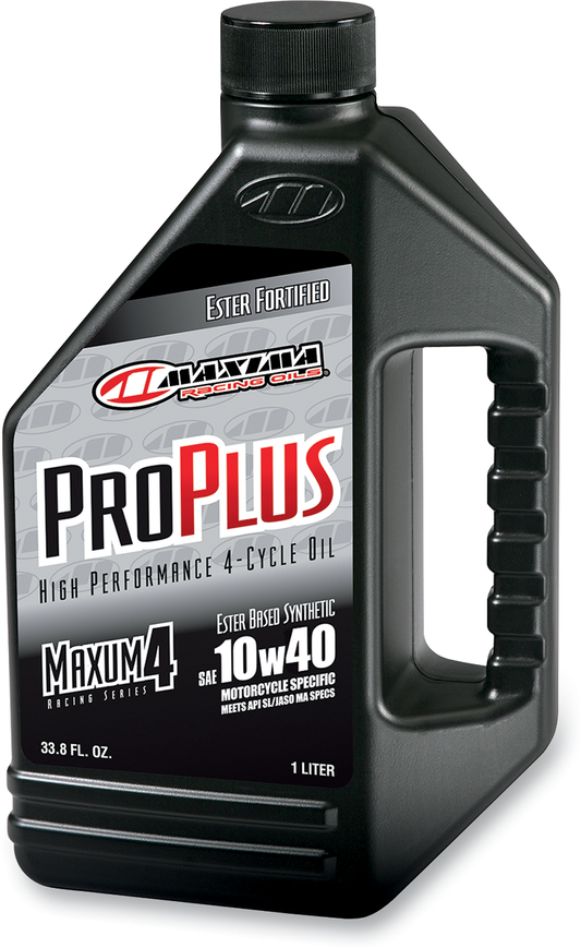 MAXIMA RACING OIL Pro Plus+ 4T 10W40 engine oil in a 1-quart container, suitable for motorcycle engines.