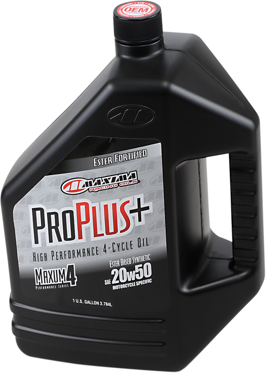MAXIMA RACING OIL Pro Plus+ 4T 20W-50 synthetic motorcycle engine oil in a 1-gallon container with label showing product details.