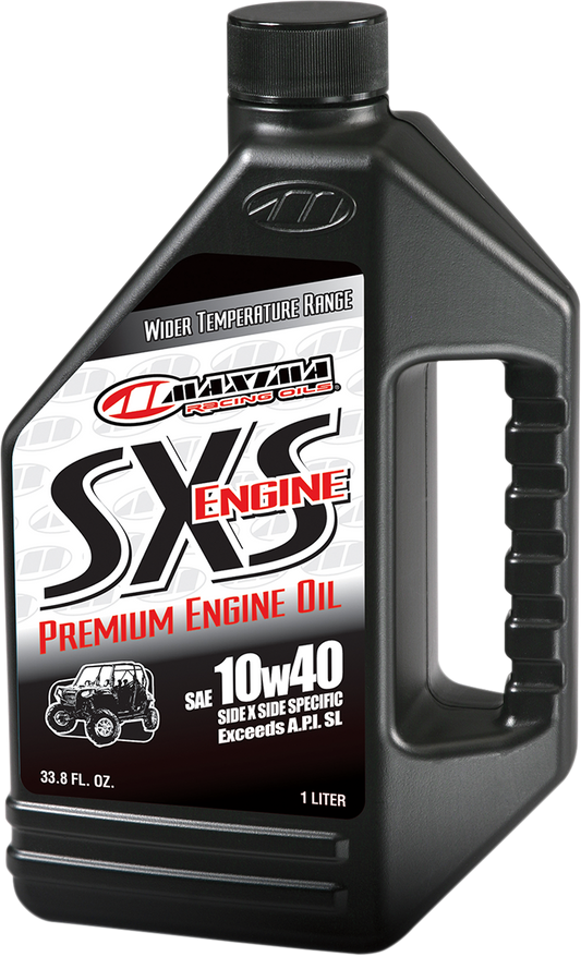 MAXIMA Racing Oil SXS UTV 4T 10W-40 engine oil in 1L bottle with label showing product details and brand logo.
