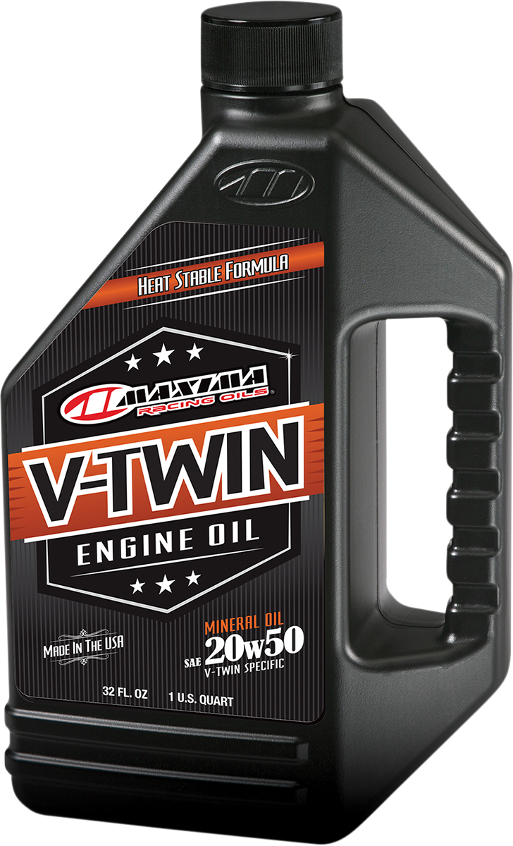 MAXIMA RACING OIL V-Twin 20W-50 engine oil quart bottle with label and cap, designed for motorcycle engines.