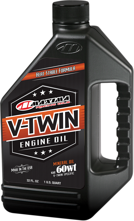 Maxima Racing Oil V-Twin 60WT engine oil quart container with label and cap, designed for motorcycle engines.